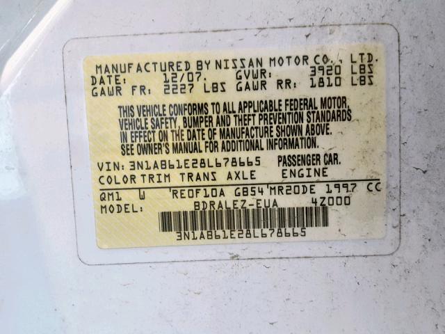 3N1AB61E28L678665 - 2008 NISSAN SENTRA 2.0 WHITE photo 10