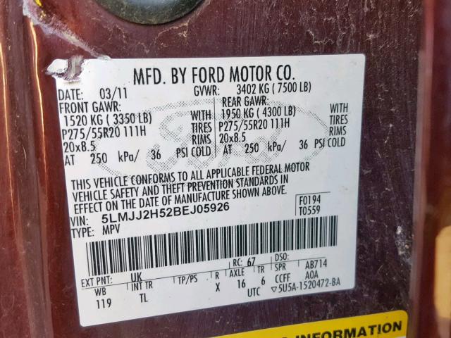 5LMJJ2H52BEJ05926 - 2011 LINCOLN NAVIGATOR MAROON photo 10