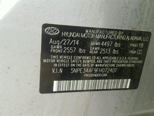 5NPE34AF9FH072401 - 2015 HYUNDAI SONATA SPO SILVER photo 10