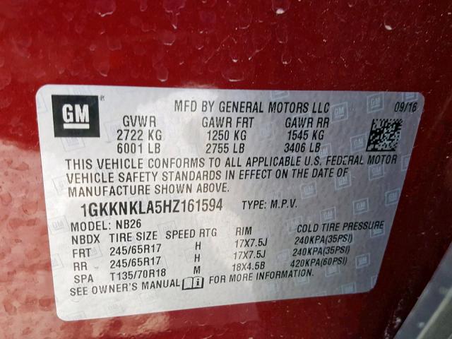 1GKKNKLA5HZ161594 - 2017 GMC ACADIA SLE BURGUNDY photo 10