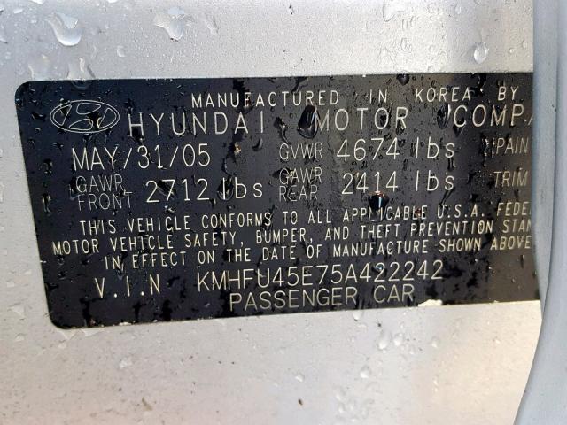 KMHFU45E75A422242 - 2005 HYUNDAI XG 350 SILVER photo 10