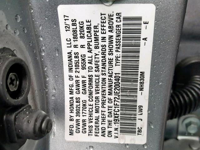 19XFC1F72JE200401 - 2018 HONDA CIVIC EXL SILVER photo 10