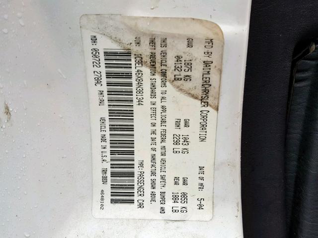 1C3EL46X84N381344 - 2004 CHRYSLER SEBRING LX WHITE photo 10