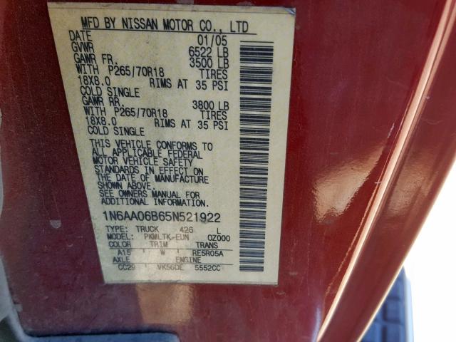 1N6AA06B65N521922 - 2005 NISSAN TITAN XE MAROON photo 10