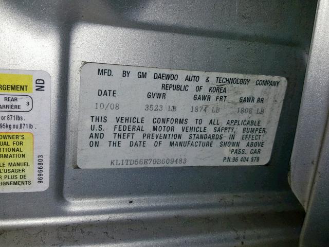 KL1TD56E79B609483 - 2009 CHEVROLET AVEO LS SILVER photo 10