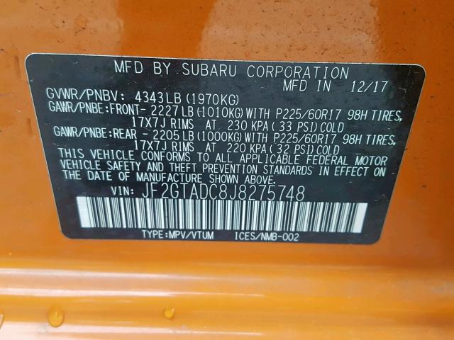 JF2GTADC8J8275748 - 2018 SUBARU CROSSTREK ORANGE photo 10