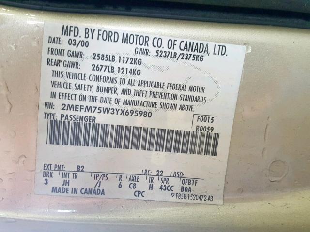 2MEFM75W3YX695980 - 2000 MERCURY GRAND MARQ GOLD photo 10