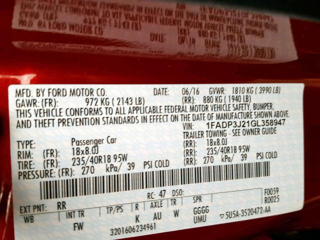 1FADP3J21GL358947 - 2016 FORD FOCUS TITA RED photo 10