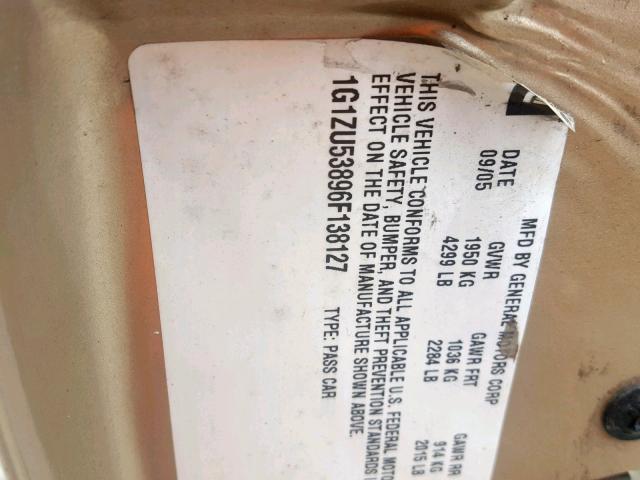 1G1ZU53896F138127 - 2006 CHEVROLET MALIBU LTZ თაფლისფერი ფოტო 10