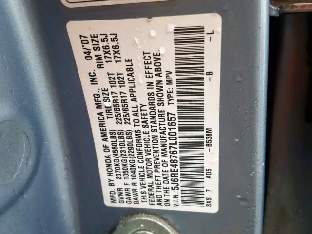 5J6RE48767L001657 - 2007 HONDA CR-V EXL BLUE photo 10