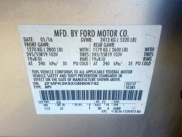 2FMPK3K9XGBB06742 - 2016 FORD EDGE TITAN SILVER photo 10