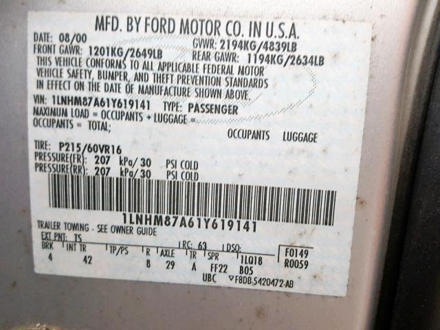 1LNHM87A61Y619141 - 2001 LINCOLN LS SILVER photo 10