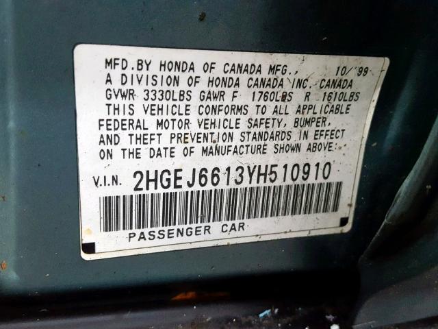 2HGEJ6613YH510910 - 2000 HONDA CIVIC BASE Mavi foto 10