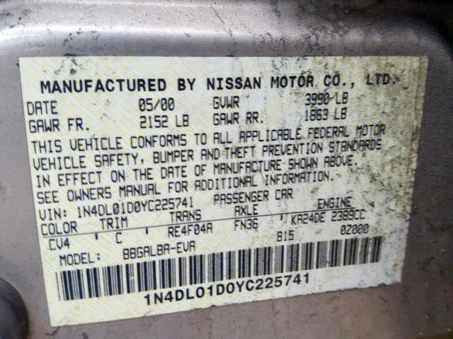 1N4DL01D0YC225741 - 2000 NISSAN ALTIMA XE BROWN photo 10