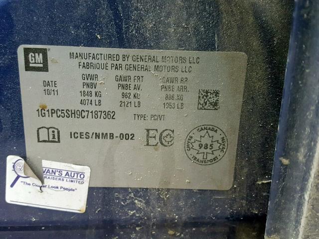 1G1PC5SH9C7187362 - 2012 CHEVROLET CRUZE LS BLUE photo 10