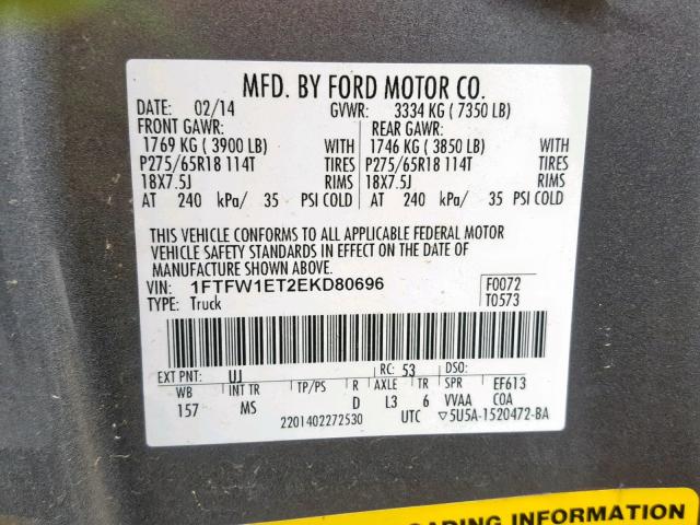 1FTFW1ET2EKD80696 - 2014 FORD F150 SUPER GRAY photo 10