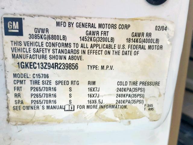 1GKEC13Z94R239856 - 2004 GMC YUKON WHITE photo 10