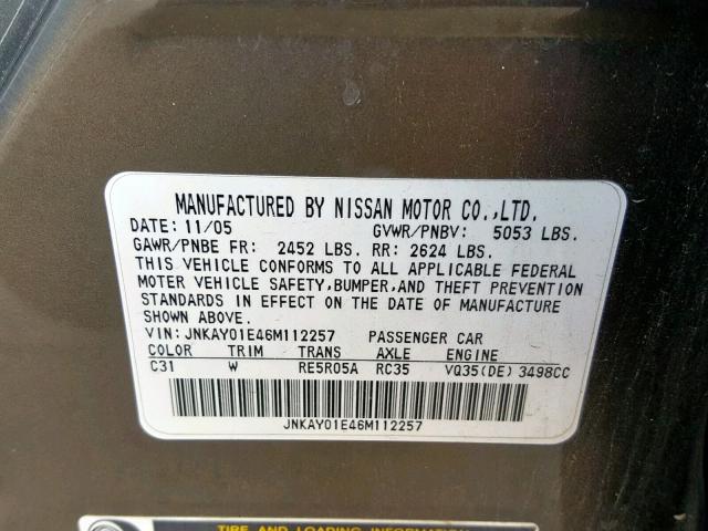 JNKAY01E46M112257 - 2006 INFINITI M35 BASE TAN photo 10