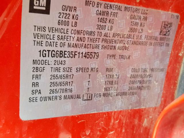 1GTG6BE35F1145579 - 2015 GMC CANYON SLE RED photo 10