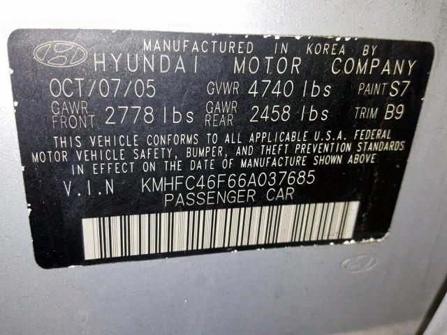 KMHFC46F66A037685 - 2006 HYUNDAI AZERA SE SILVER photo 10