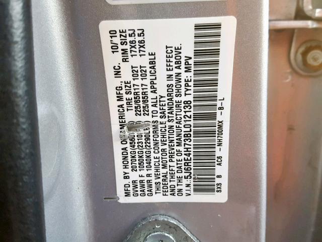 5J6RE4H73BL012138 - 2011 HONDA CR-V EXL SILVER photo 10