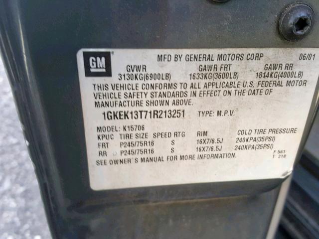 1GKEK13T71R213251 - 2001 GMC YUKON GRAY photo 10