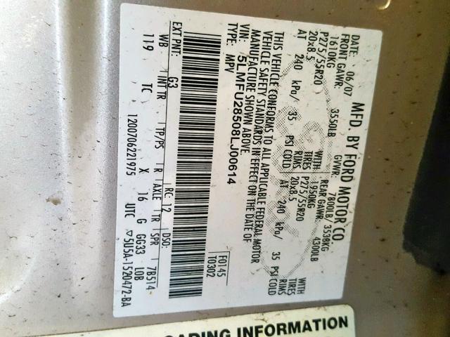 5LMFU28508LJ00614 - 2008 LINCOLN NAVIGATOR TAN photo 10