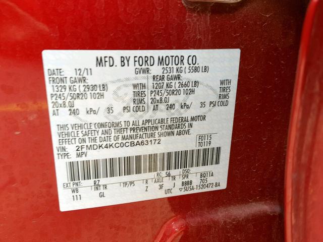 2FMDK4KC0CBA63172 - 2012 FORD EDGE LIMIT RED photo 10