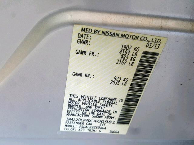 1N4AZ0CP4DC400981 - 2013 NISSAN LEAF S SILVER photo 10