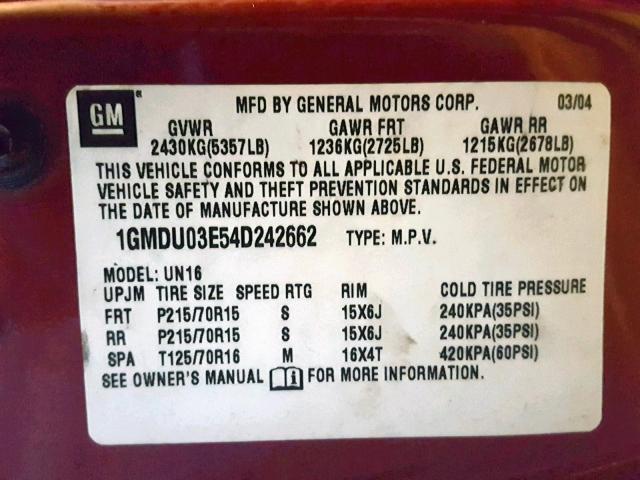 1GMDU03E54D242662 - 2004 PONTIAC MONTANA RED photo 10