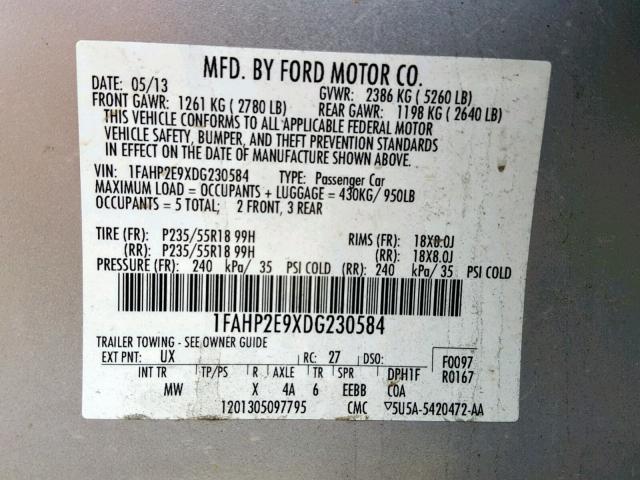 1FAHP2E9XDG230584 - 2013 FORD TAURUS SEL SILVER photo 10