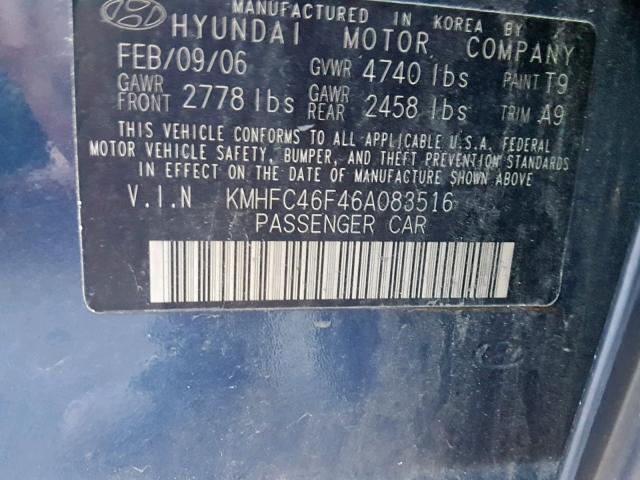 KMHFC46F46A083516 - 2006 HYUNDAI AZERA SE BLUE photo 10