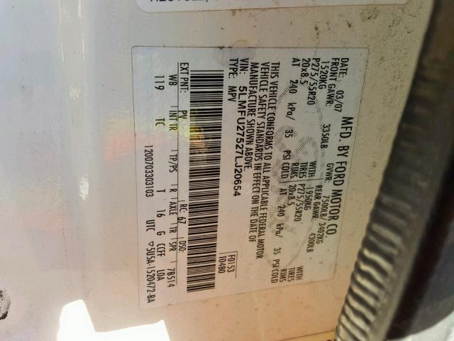 5LMFU27527LJ20654 - 2007 LINCOLN NAVIGATOR WHITE photo 10