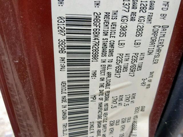 2A8GF68X47R289801 - 2007 CHRYSLER PACIFICA T MAROON photo 10