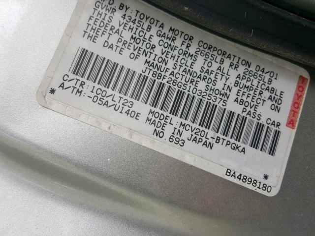 JT8BF28G510325375 - 2001 LEXUS ES 300 SILVER photo 10