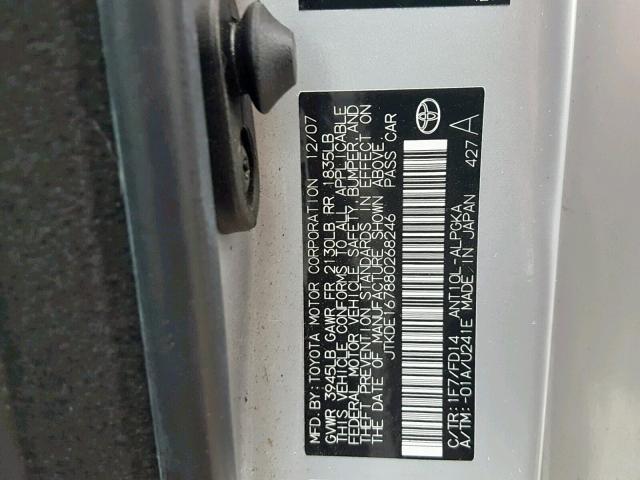 JTKDE167880268246 - 2008 TOYOTA SCION TC ვერცხლისფერი ფოტო 10