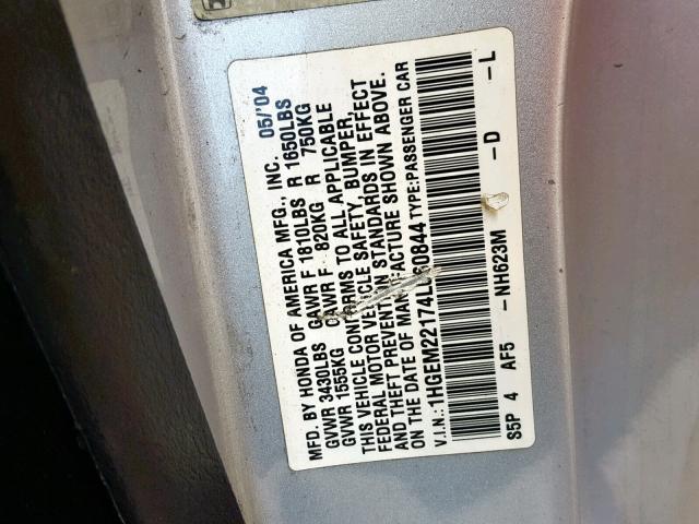 1HGEM22174L060844 - 2004 HONDA CIVIC DX V SILVER photo 10