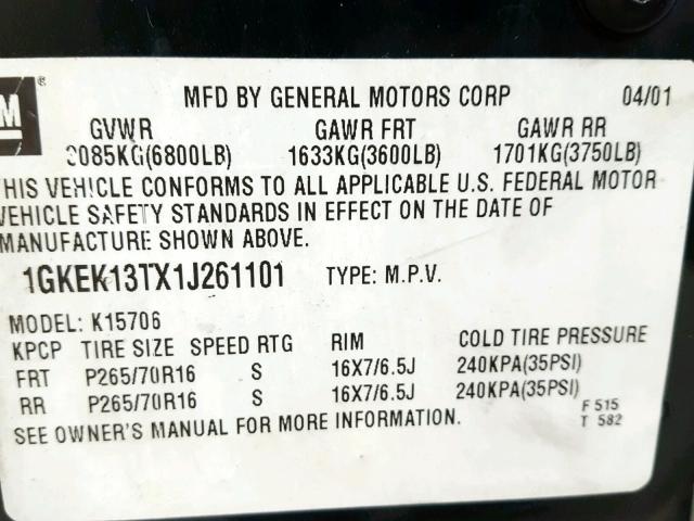 1GKEK13TX1J261101 - 2001 GMC YUKON GRAY photo 10