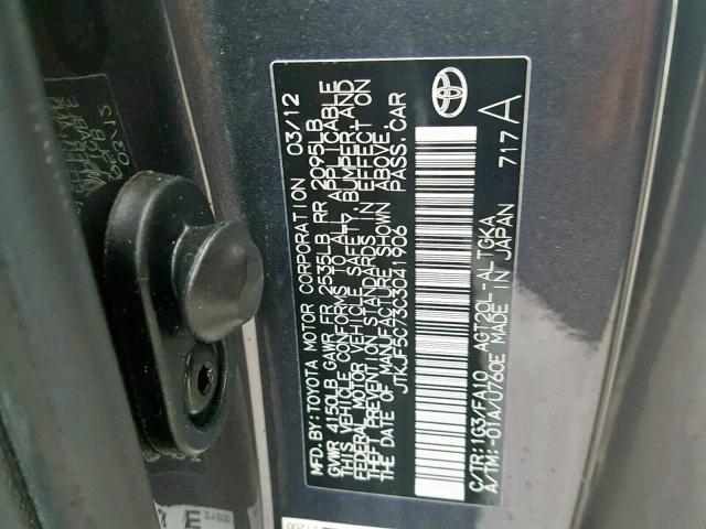 JTKJF5C73C3041906 - 2012 TOYOTA SCION TC ნაცრისფერი ფოტო 10