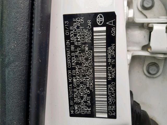 JTDKDTB34D1533622 - 2013 TOYOTA PRIUS C WHITE photo 10