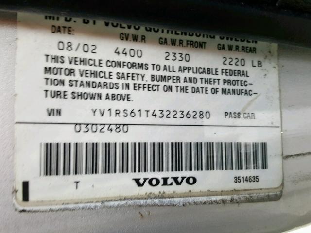 YV1RS61T432236280 - 2003 VOLVO S60 SILVER photo 10