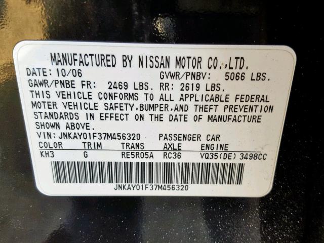 JNKAY01F37M456320 - 2007 INFINITI M35 BASE BLACK photo 10