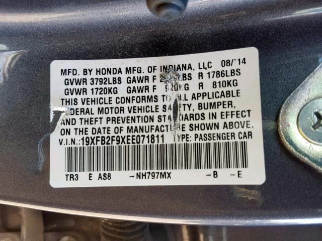 19XFB2F9XEE071811 - 2014 HONDA CIVIC EXL GRAY photo 10