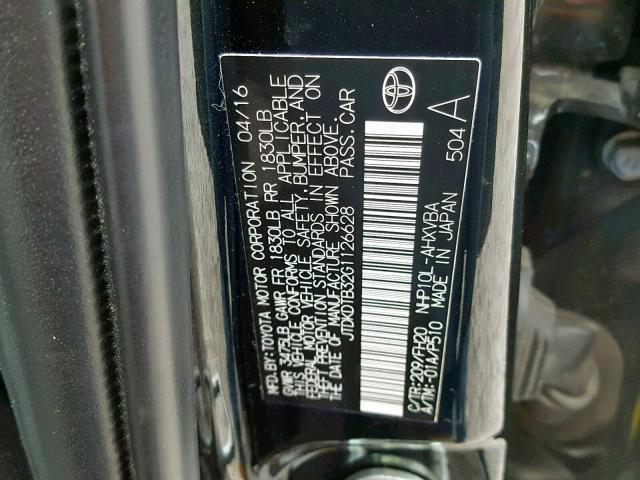 JTDKDTB32G1126628 - 2016 TOYOTA PRIUS C BLACK photo 10