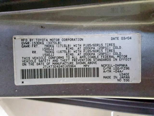 JTLKT324240165964 - 2004 TOYOTA SCION XB Күміс фото 10