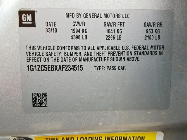 1G1ZC5EBXAF234515 - 2010 CHEVROLET MALIBU 1LT 银色 照片 10