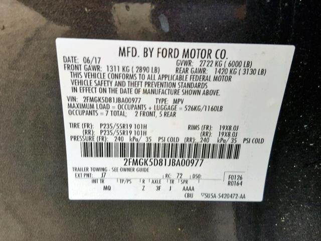 2FMGK5D81JBA00977 - 2018 FORD FLEX LIMIT GRAY photo 10