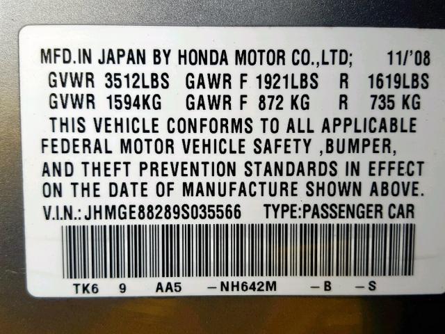 JHMGE88289S035566 - 2009 HONDA FIT SILVER photo 10