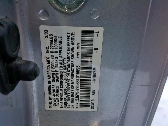 5J6YH28533L015595 - 2003 HONDA ELEMENT EX SILVER photo 10