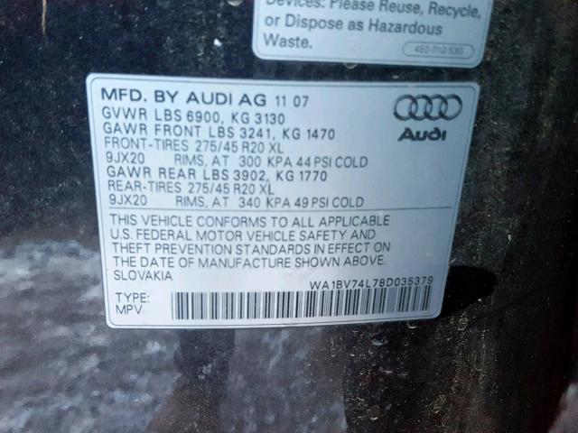 WA1BV74L78D035379 - 2008 AUDI Q7 4.2 QUA CHARCOAL photo 10